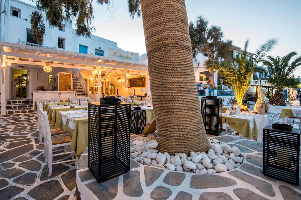 Outdoor seating of D'Angelo Mykonos restaurant.