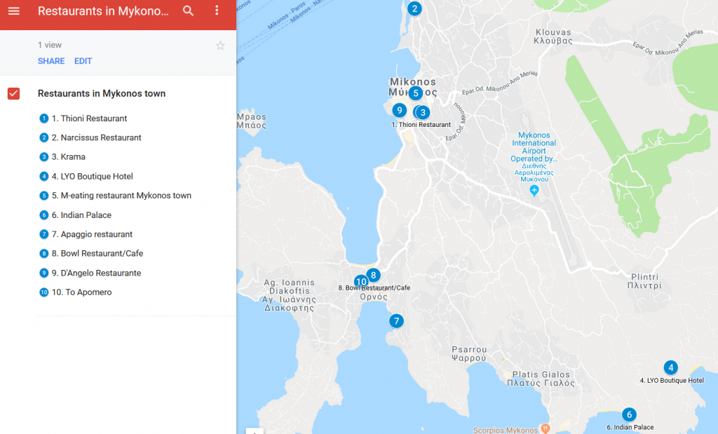 Wo man in Mykonos essen kann: Eine Karte mit den besten Restaurants in Mykonos Stadt