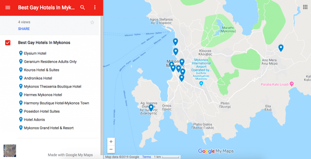 Carte avec les meilleurs hôtels gay à Mykonos