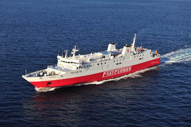 Fast Ferries Andros. Capacity 1200 passengers, 280 cars or 130 cars and 45 trucks. Speed 19.5 KNOTS