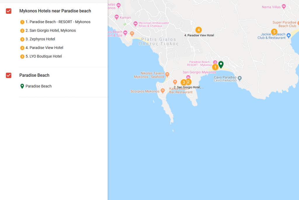 A map with the locations of the hotels near Paradise beach, Mykonos.