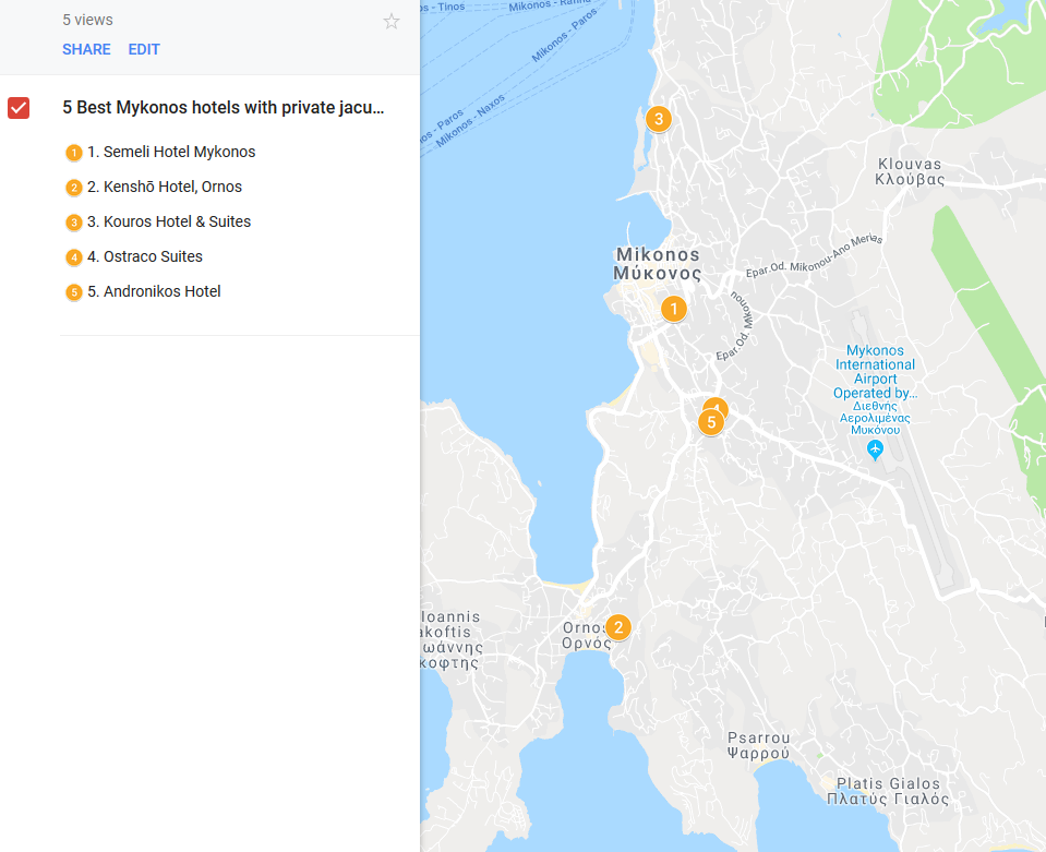 A map of Mykonos hotels with private jacuzzi