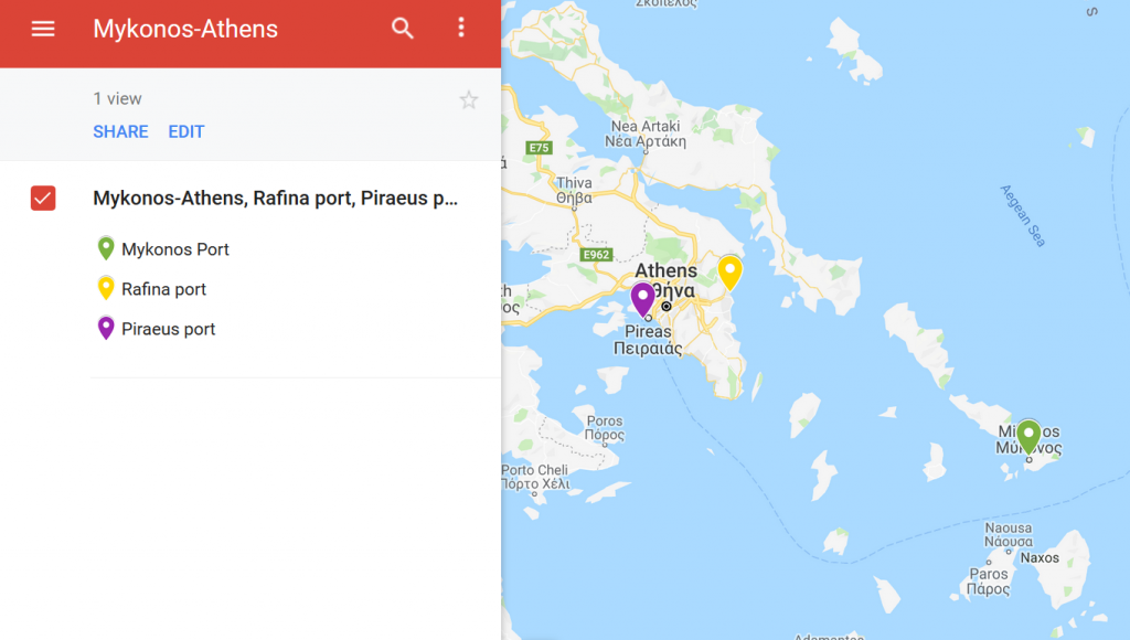 A map showing the locations of Mykonos island and ports at Athens