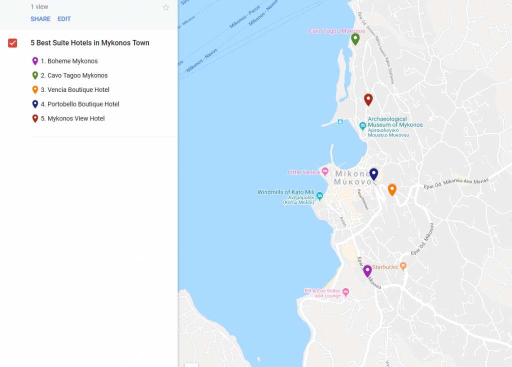 A map illustrating the locations of Mykonos town suite hotels