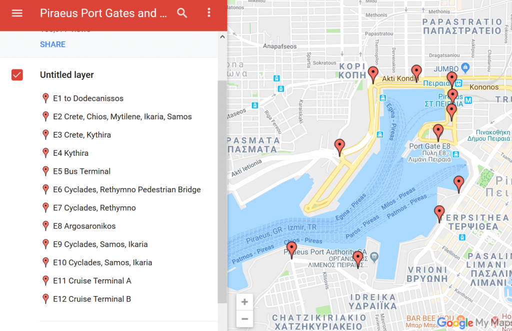 Mykonos to Athens -Piraeus Port map. Gates and destinations