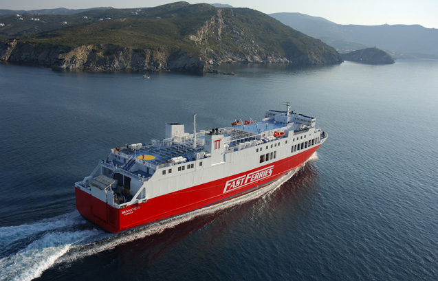 Theologos P ferry. Capacity 1154 passengers, 300 cars and 70 trucks. Speed 22 KNOTS
