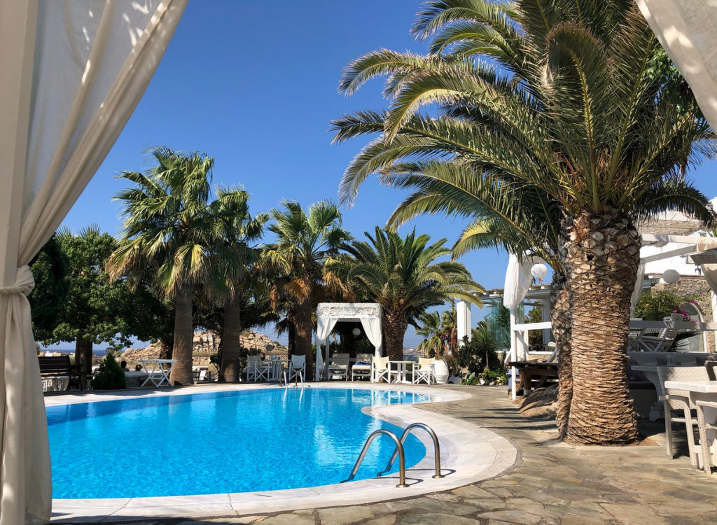 Outdoor pool area of Zephyros hotel.