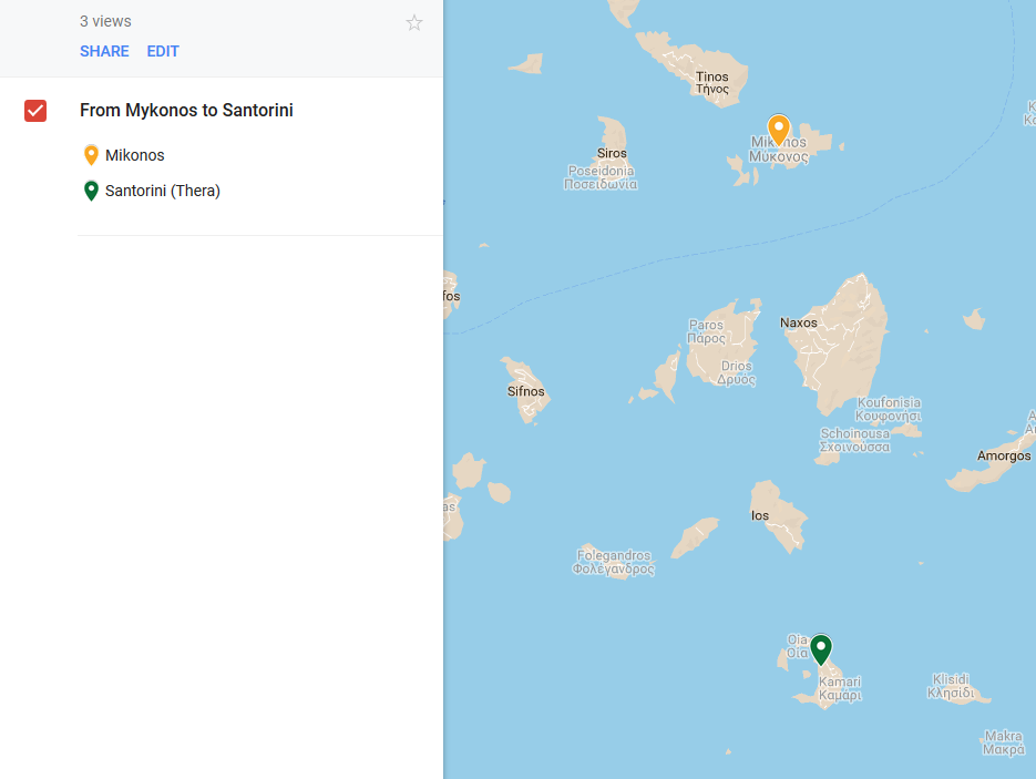 Mykonos to Santorini Map