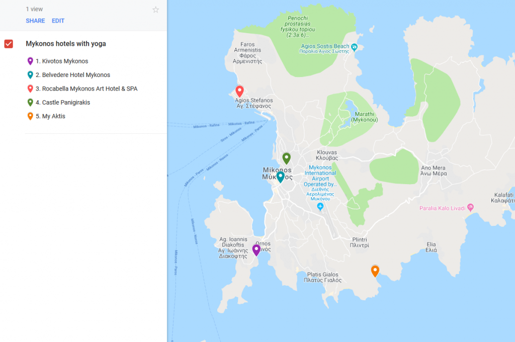 A map with Mykonos hotel locations offering yoga classes