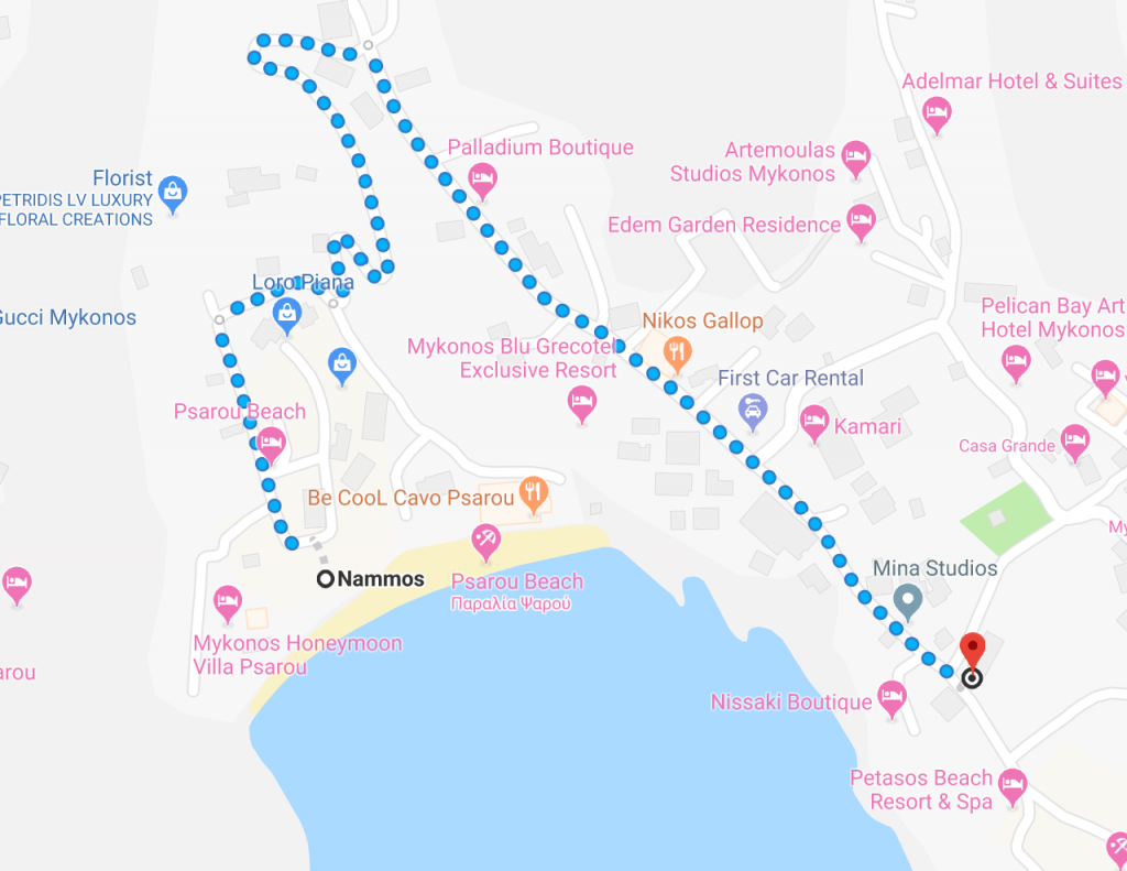 A map with the locations of Argo Hotel and the walking path to Nammos Beach Bar and Restaurant