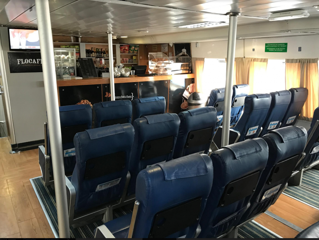 The first class seats on the upper floor of the Seajet. There is a small bar where you can get some coffee and snacks.