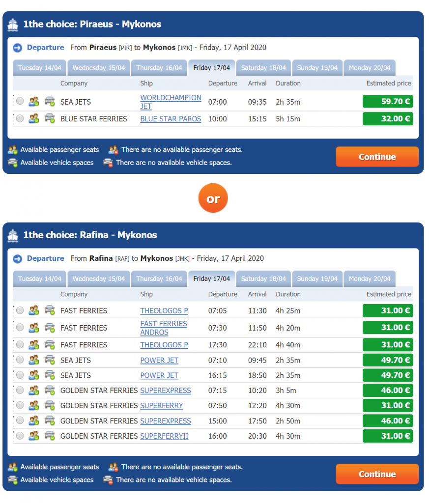 List of ferries from Rafina Port and Piraeus port in Athens to Mykonos in April