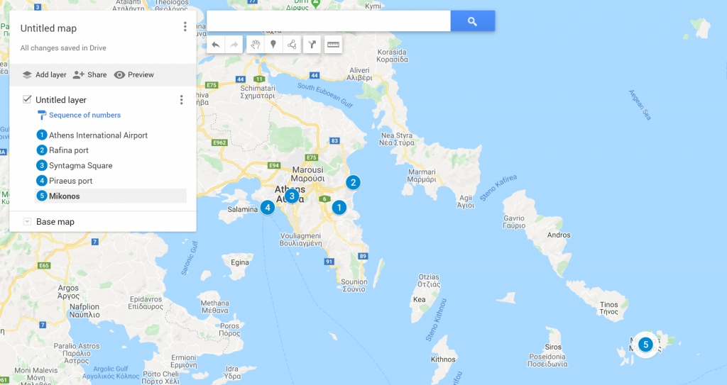 Rafina port, Piraeus Port, Athens International Airport and Mykonos Map
