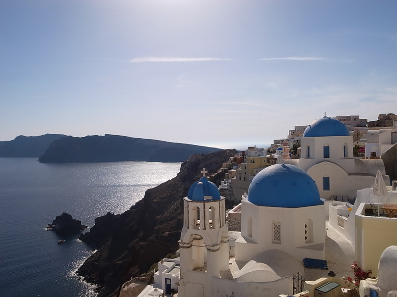 A view of the caldera of Santorini, with the beautiful white houses and churches.