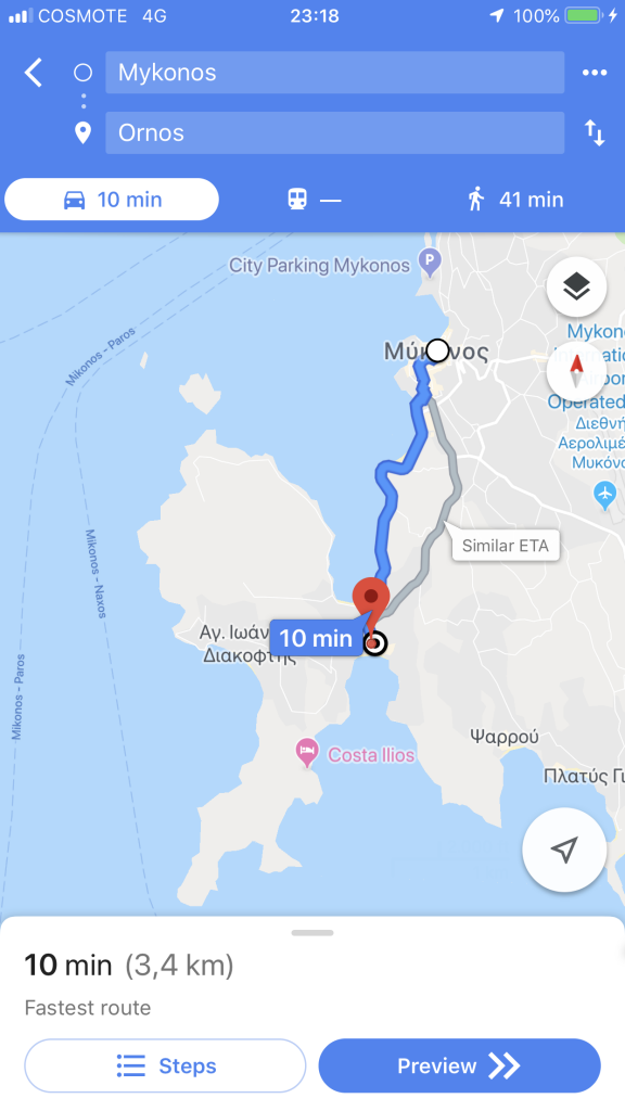 A map that shows the distance between Mykonos and Ornos