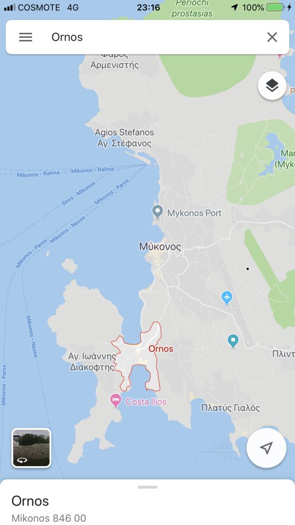 A map showing where is Ornos in relation to Mykonos Chora and the island