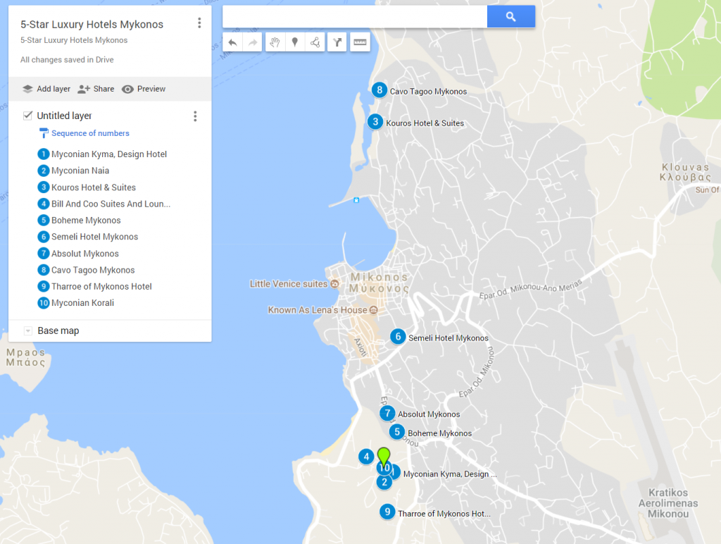 Where to stay in Mykonos - A map with the location of the best 5-star hotels in Mykonos Town