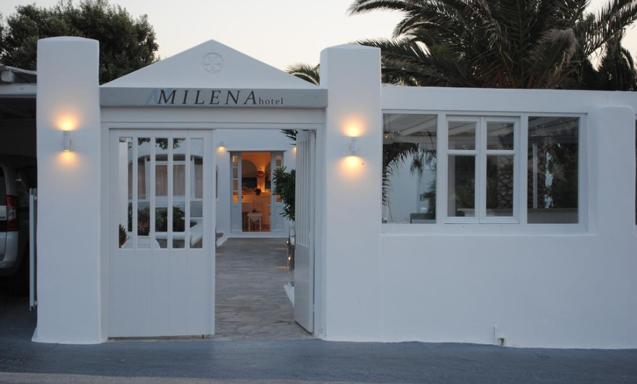Where to stay in Mykonos on a budget: A view of the entrance of the Budget Hotel Milena in Mykonos