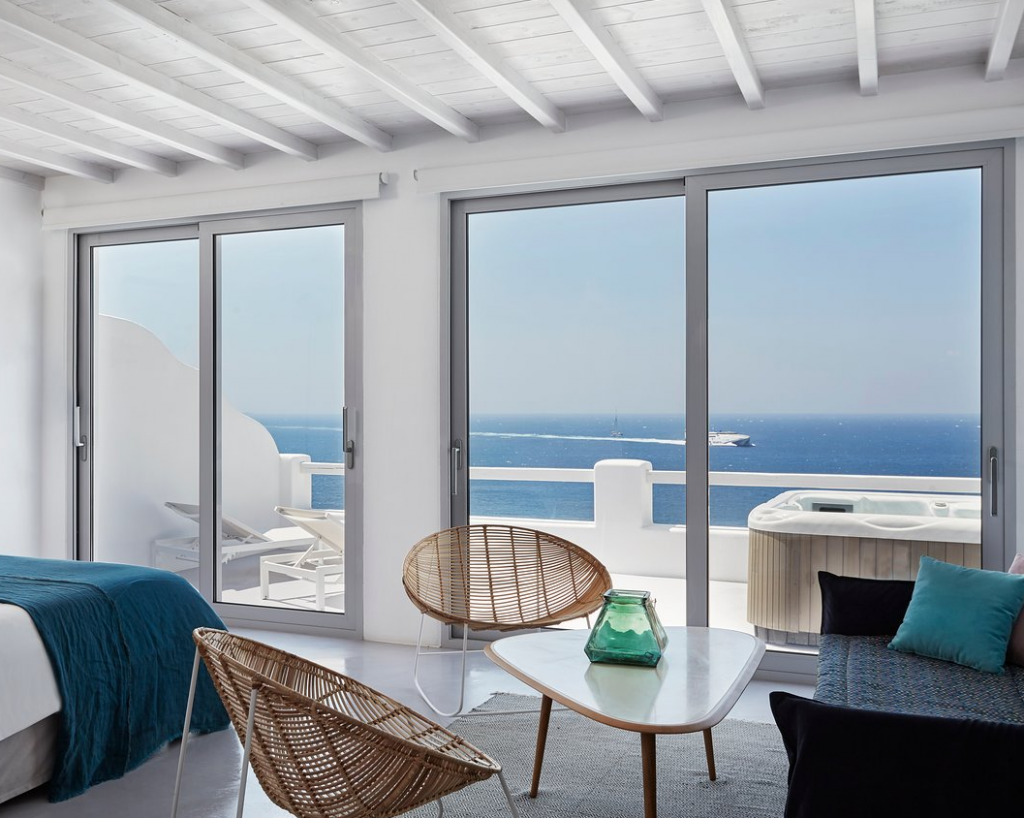 Mykonos Hotels with Private Jacuzzi - Kouros Hotel. Deluxe suite sea view with private outdoor jacuzzi