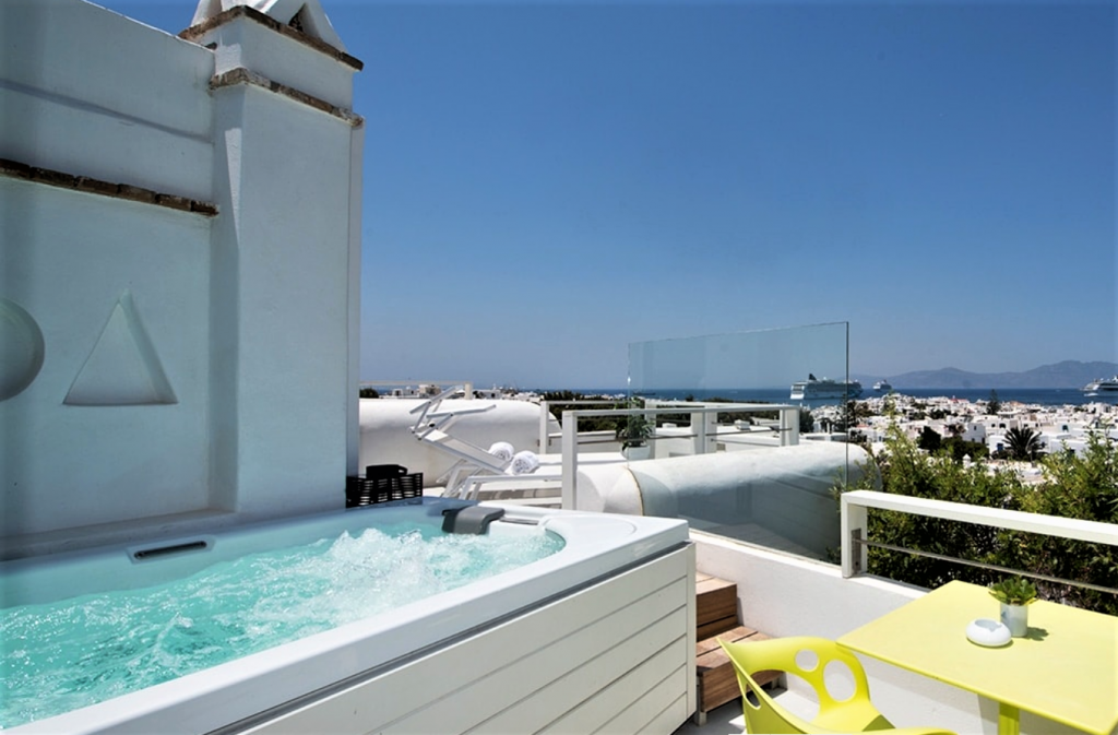 Mykonos Hotels with Private Jacuzzi- Semeli hotel. superior double sea view room with spa