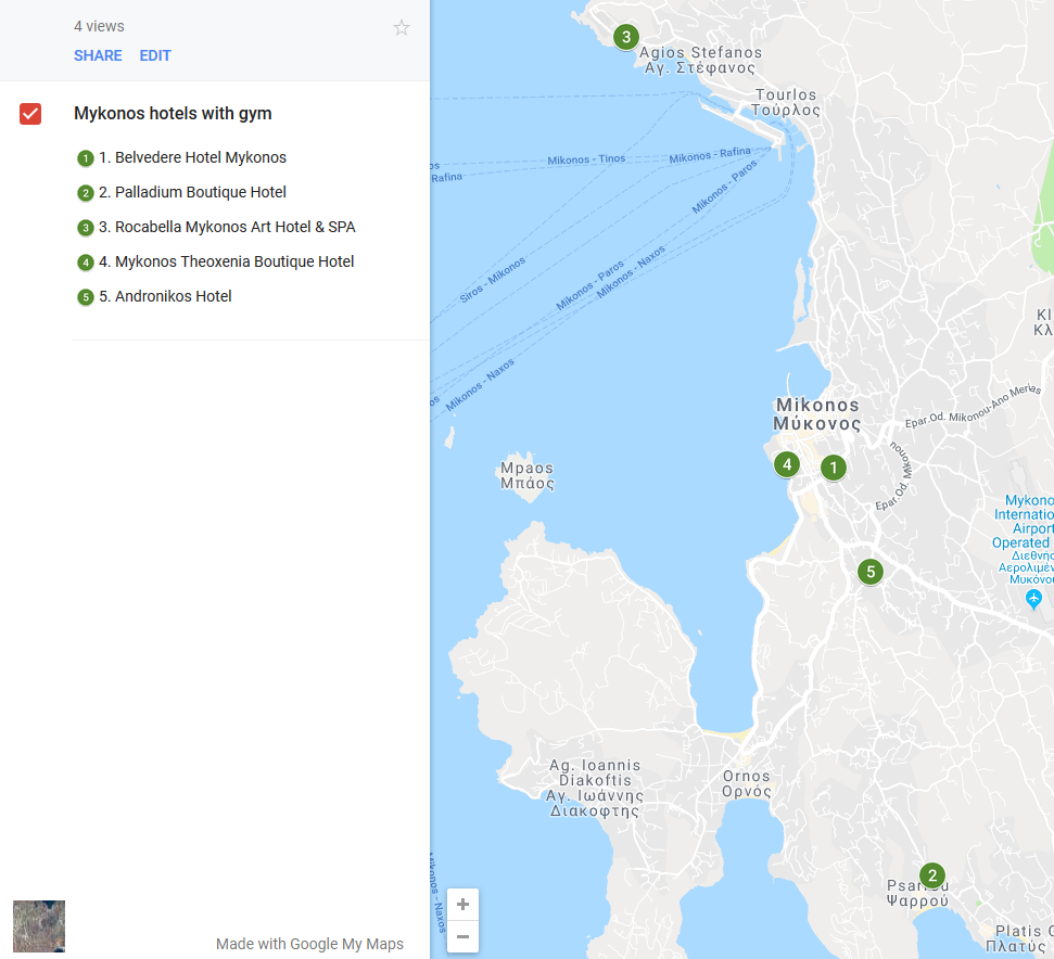 Mykonos Hotels mit Fitnessstudio - Eine Karte mit den Standorten der Mykonos Hotels mit Fitnessstudio
