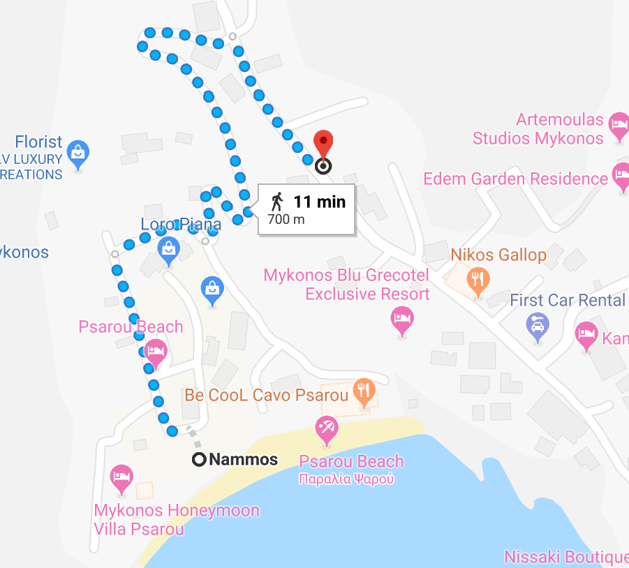 Un mapa con la ubicación del Hotel Palladium y el bar y restaurante de playa Nammos