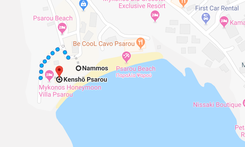 Un mapa con las ubicaciones del hotel Kensho Psarou y el restaurante Nammos