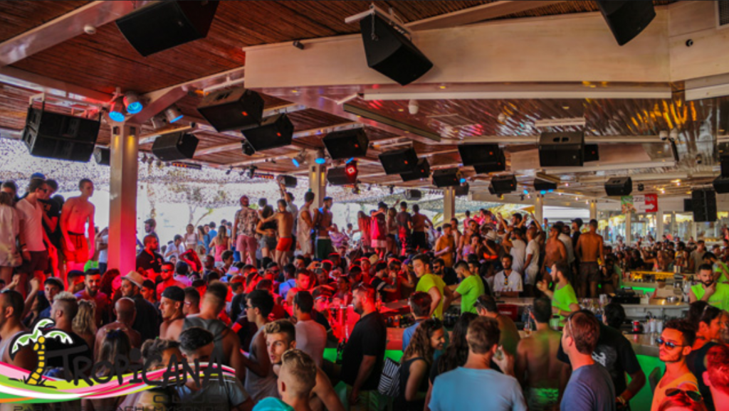 A photo from one of the famous parties at Tropicana Beach bar at Paradise beach, led by Sasa, the King of Mykonos.