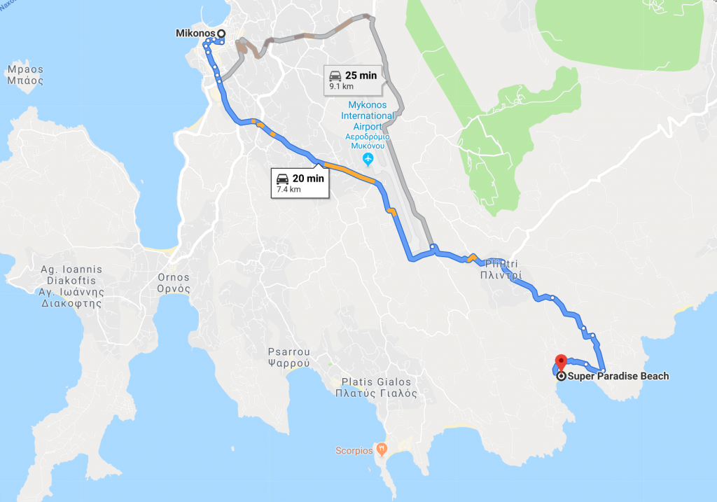Super Paradise beach is 20 minutes drive time from Mykonos (7.4 kms). The road is with asphalt and it has a parking.