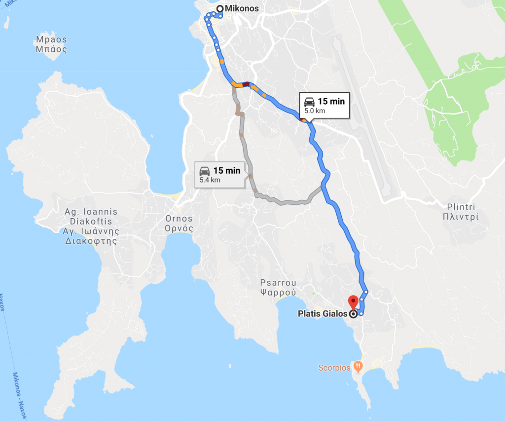A map that shows that Platis Gialos is 5km from Mykonos town, or 15 minutes drive time. 