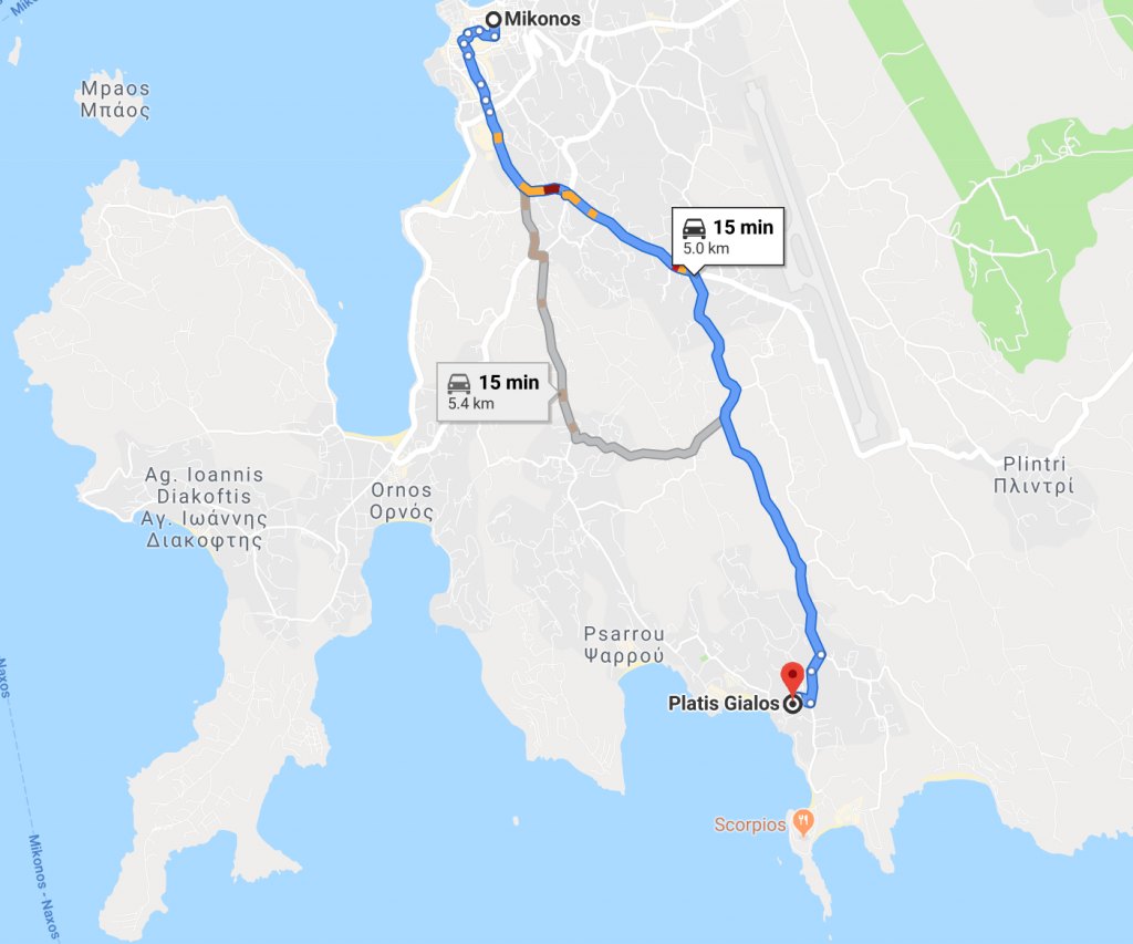A map that shows that Platis Gialos is 5km from Mykonos town, or 15 minutes drive time.