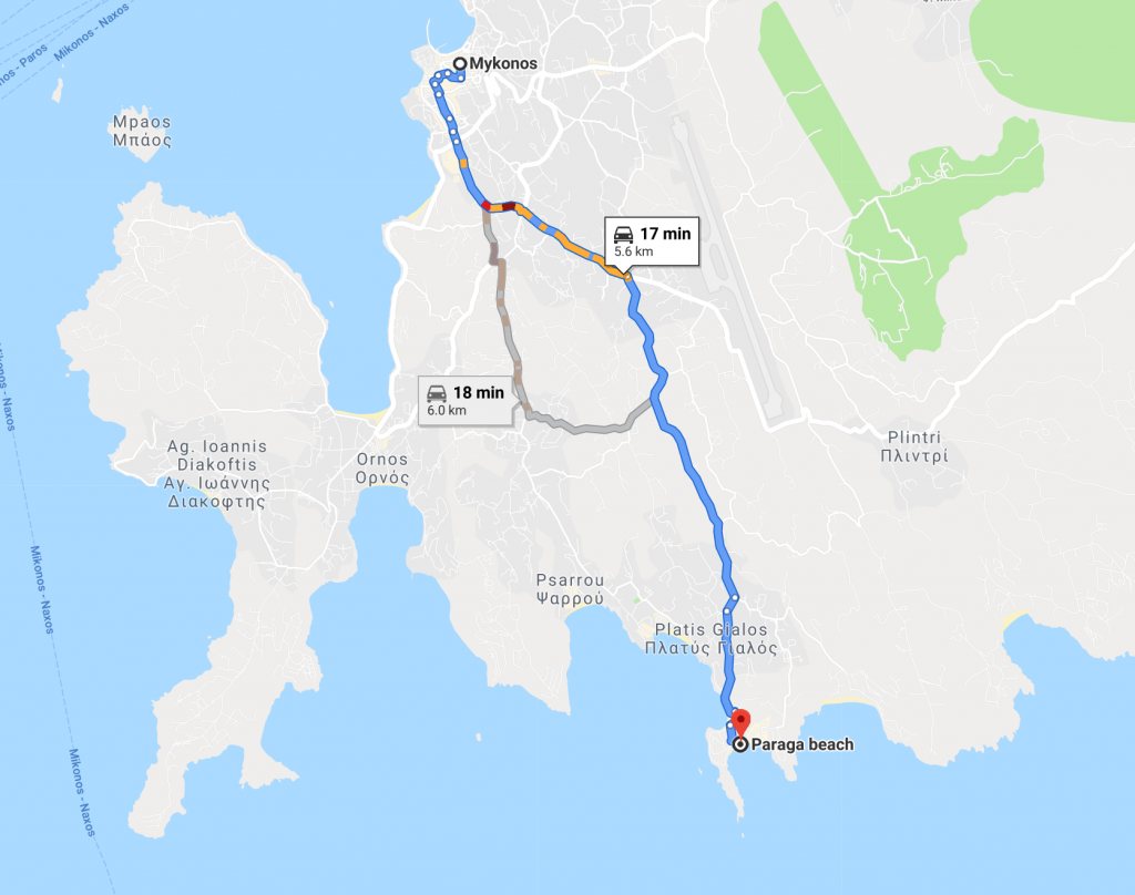 How to get to Paraga beach from Mykonos town (map)
