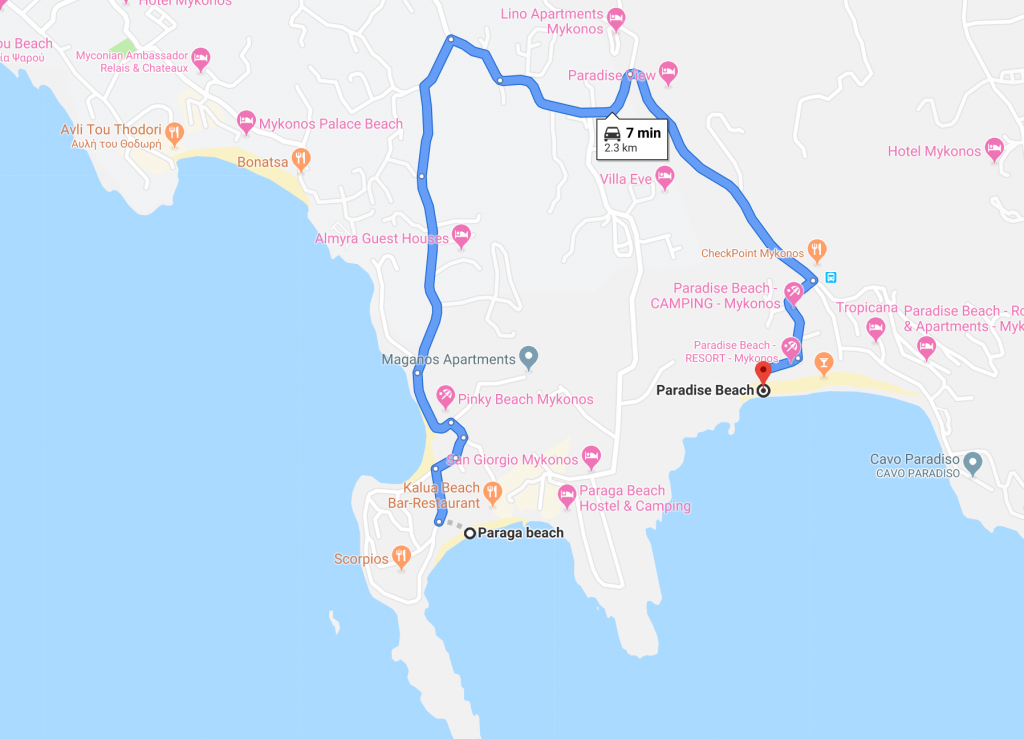 Paraga beach to Paradise beach with a car - a 7 minute drive
