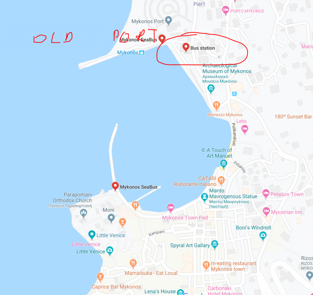 The Old Port bus station at Mykonos town (map)