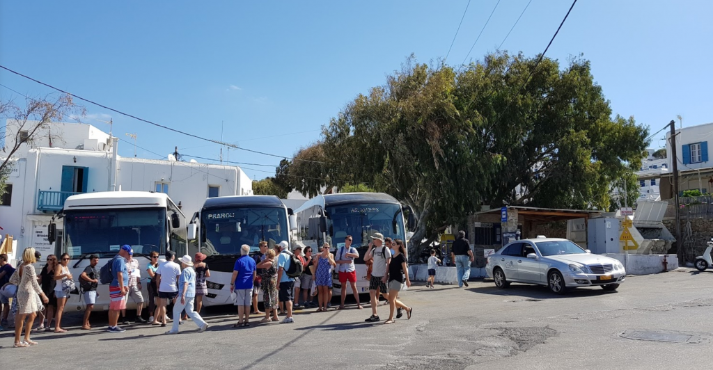 The Fabrika Square bus station. It is also called "The Southern Bus Station" in Mykonos.