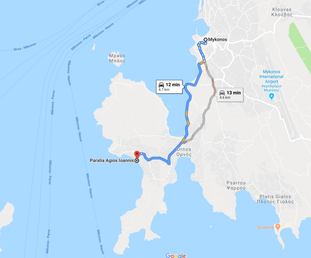 Mykonos to Agios Ioannis beach drive time is 12 minutes (without traffic)
