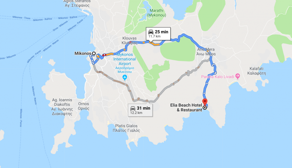 Mykonos town to Elia beach map. Elia beach is 25 minutes drive time, and 12.2 km from Mykonos town.