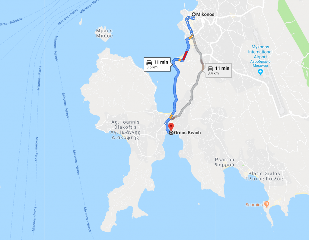 Mykonos town to Ornos beach map. Ornos beach is 3.5 km from Mykonos town, or 11 minutes by car.