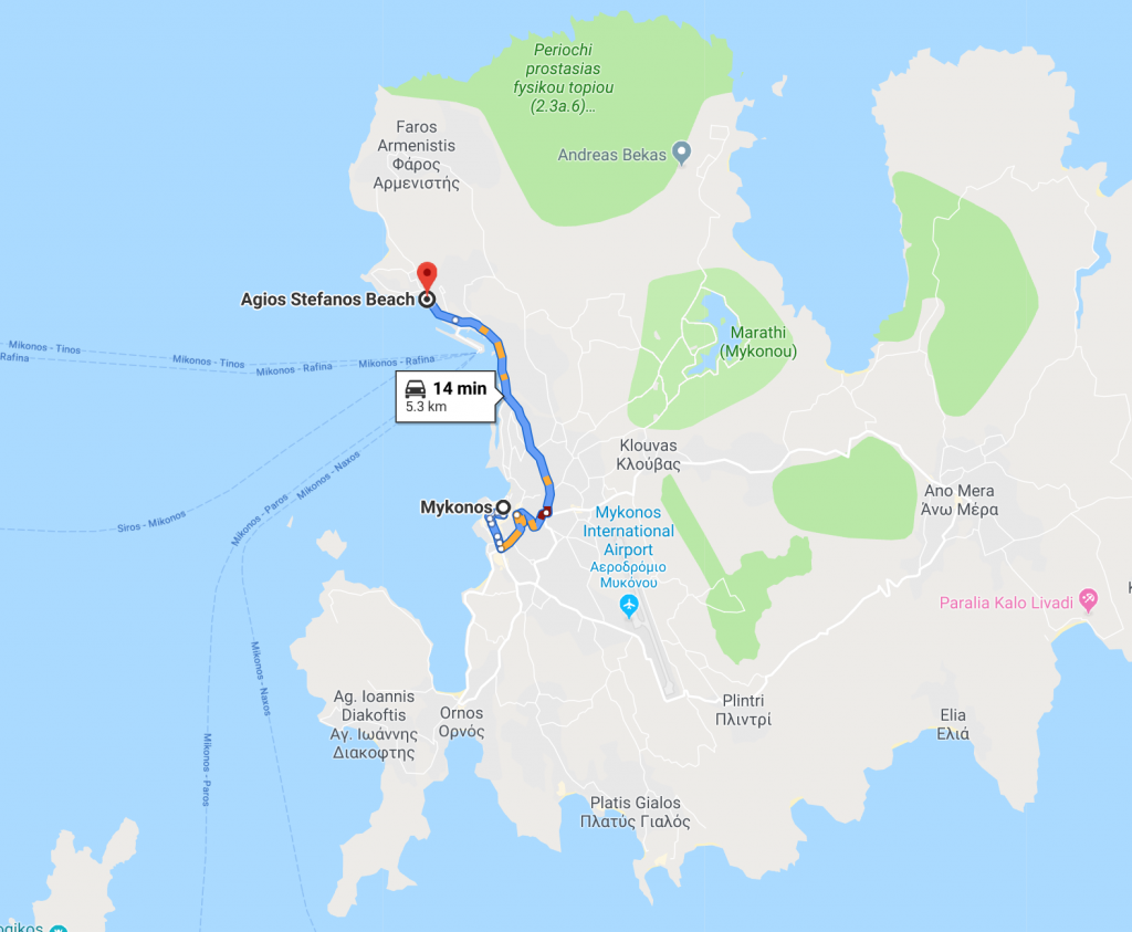 Mykonos town to Agios Stefanos Beach is around 14 minutes drive time
