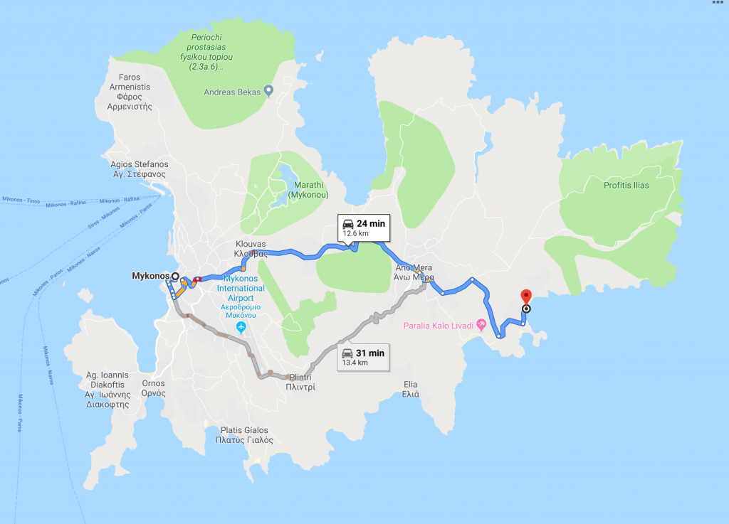 A map of driving from Mykonos town to Kalafatis beach - Mykonos town to Kalafatis beach is 24 minutes' drive time