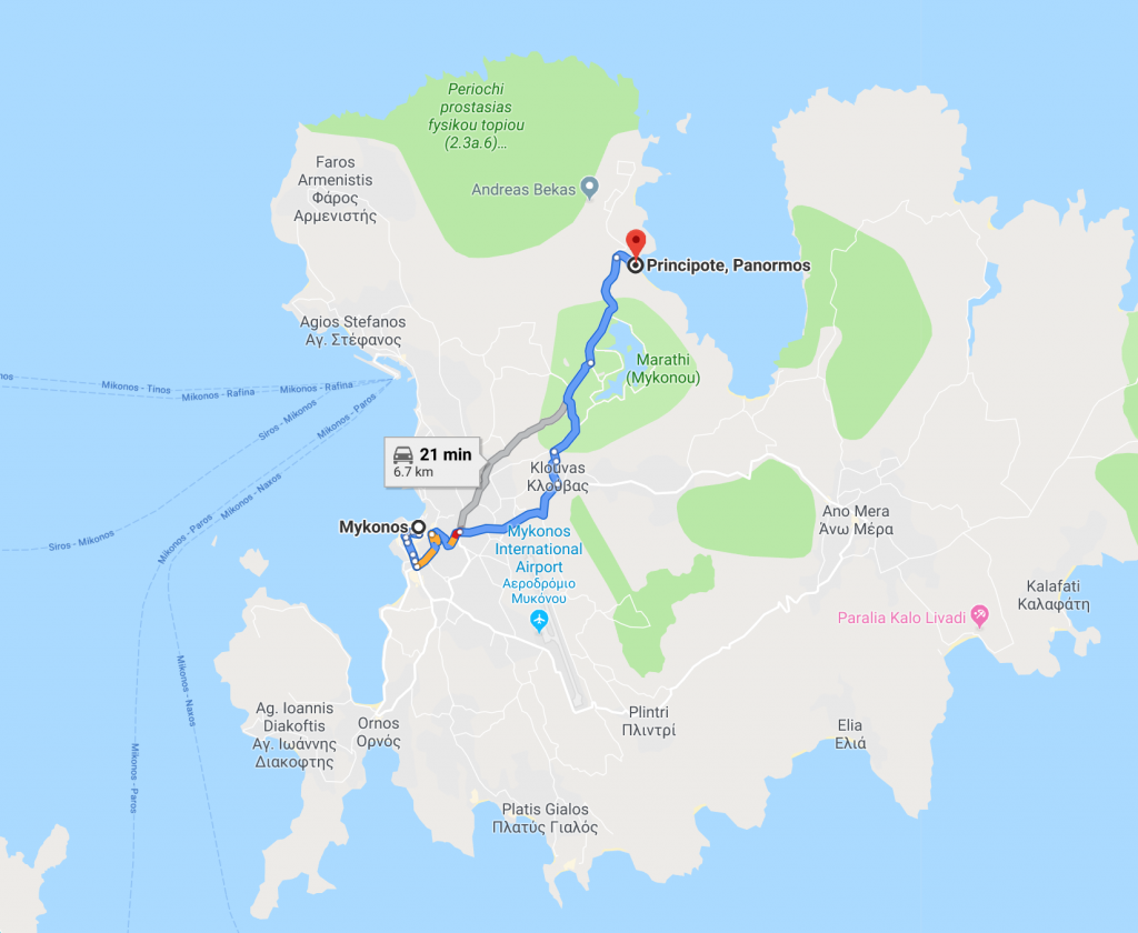 Mykonos town to Principote beach club in Panormos is around 21 minutes drive time
