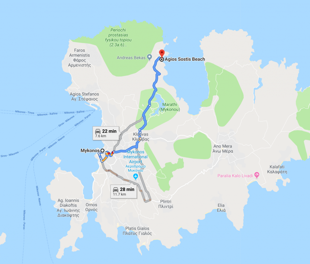 Mykonos town to Agios Sostis beach is around 22 minutes drive time