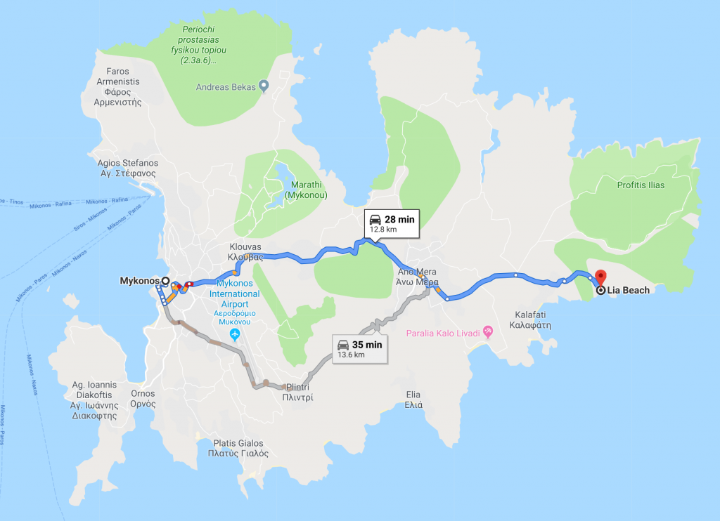 Map of driving from Mykonos town to Lia beach - Mykonos town to Lia beach is 28 minutes drive time
