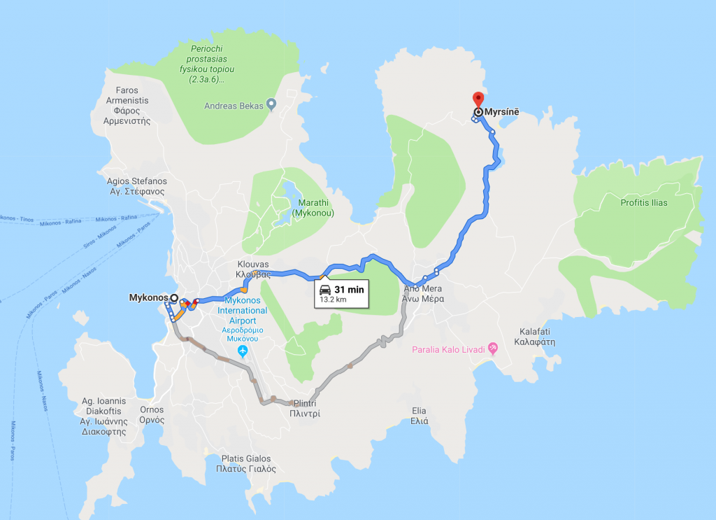 Mykonos town to Myrsini beach is around 30 minutes drive time