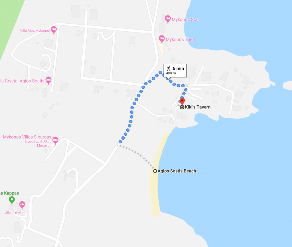 Agios Sostis beach to Kiki's tavern is a 5 minutes walk.
