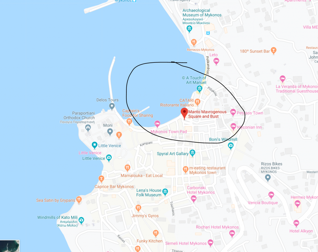The taxis are picking up passengers at the Manto Square in Mykonos chora. There are only 35 taxis on the island, so you may have to wait.