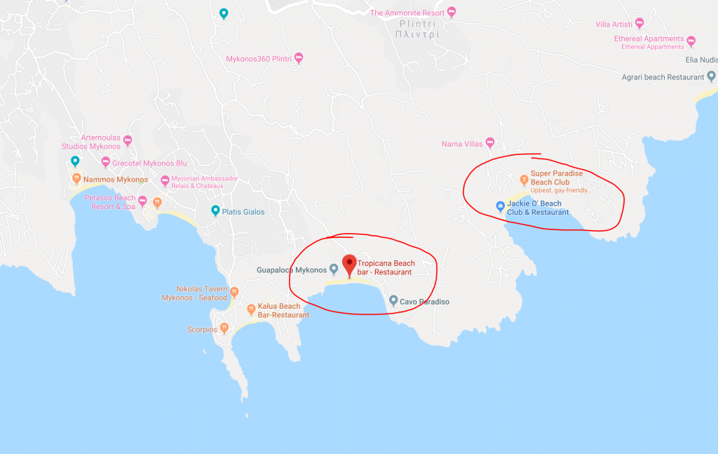 A map with Paradise Beach and Super Paradise Beach.