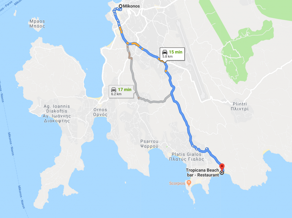 A map of driving from Mikonos town to Tropicana Beach Bar-Restaurant