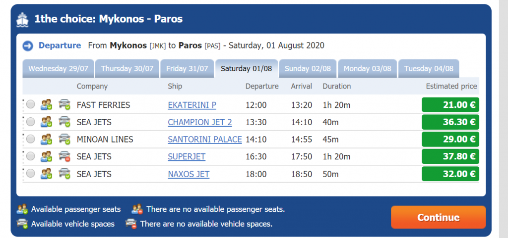 how to get from Mykonos to Paros - a table with all the ferry timetables and the ticket costs