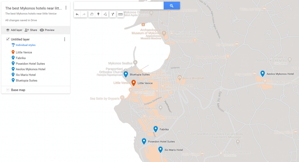 A map with the best Mykonos hotels near Little Venice - click on the link to get it on Google maps